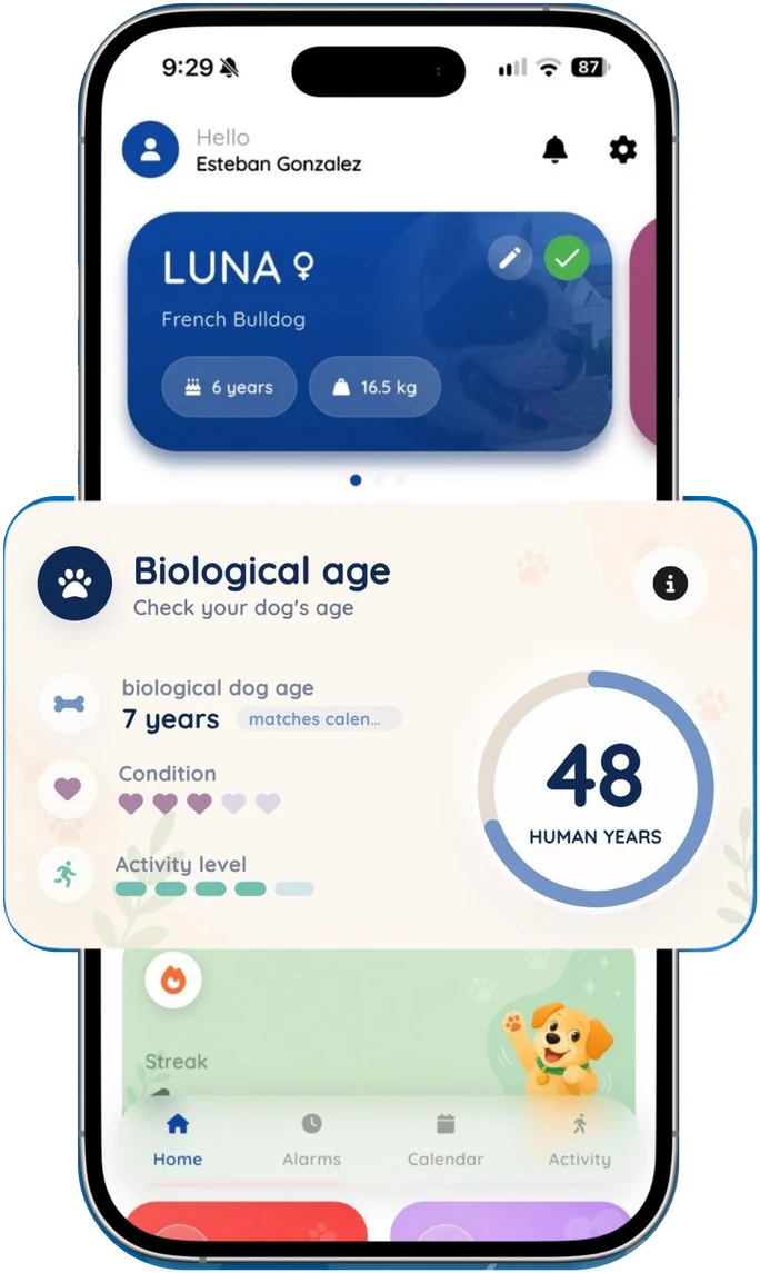 Dogsly screen showing Luna’s biological age: 48 human years