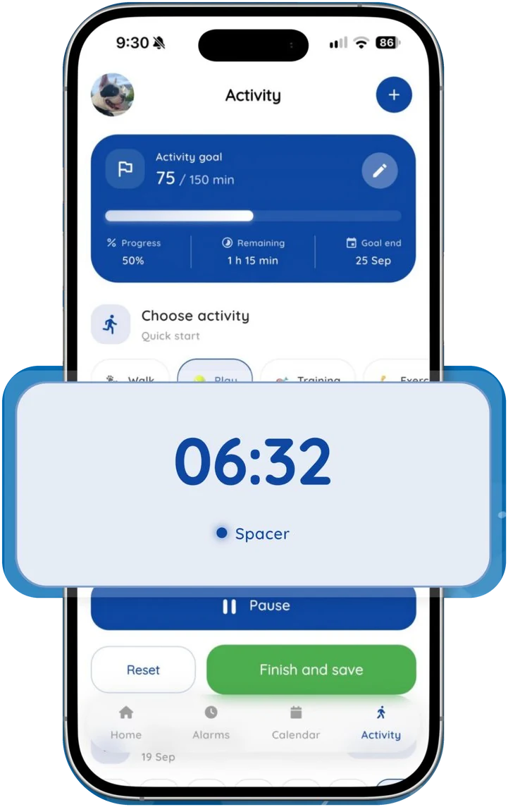 Dogsly activity screen with a 150-minute goal and timer