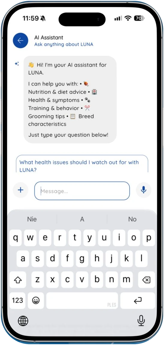 Dogsly AI assistant answering questions about Luna